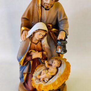 Sacra famiglia su legno, scolpita e dipinta a mano