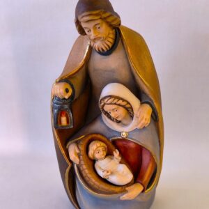 Sacra famiglia su legno, scolpita e dipinta a mano