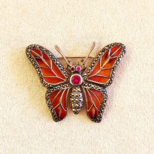 Spilla argento 925, marcasiti, smalto, rubini